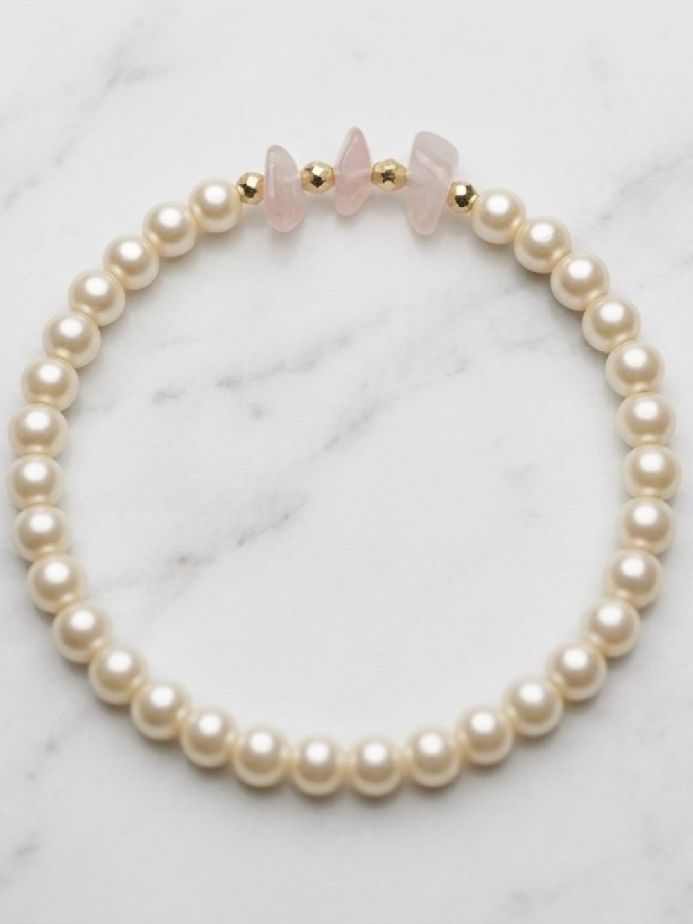 Pearl Stretch Bracelet with Pink Rose Quartz Accents